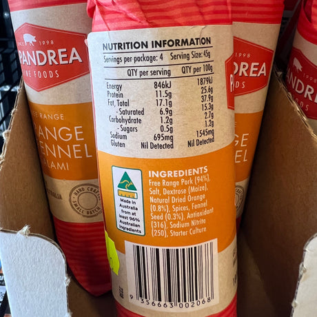 Papandrea Pork Salami with Naturally Dried Orange & Fennel Seeds 180g available at The Prickly Pineapple