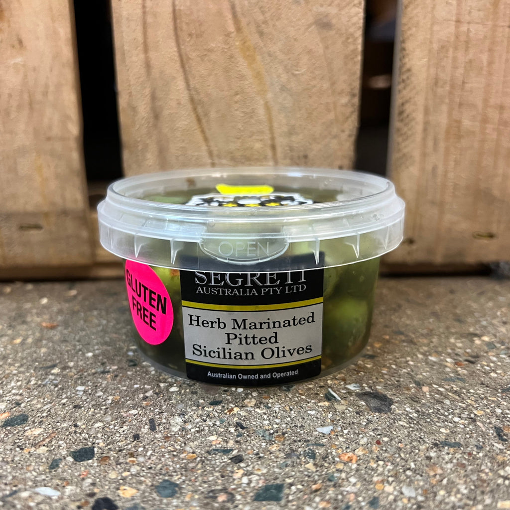 Segreti Sicilian Pitted Olives in Marinated Herb 200g available at The Prickly Pineapple