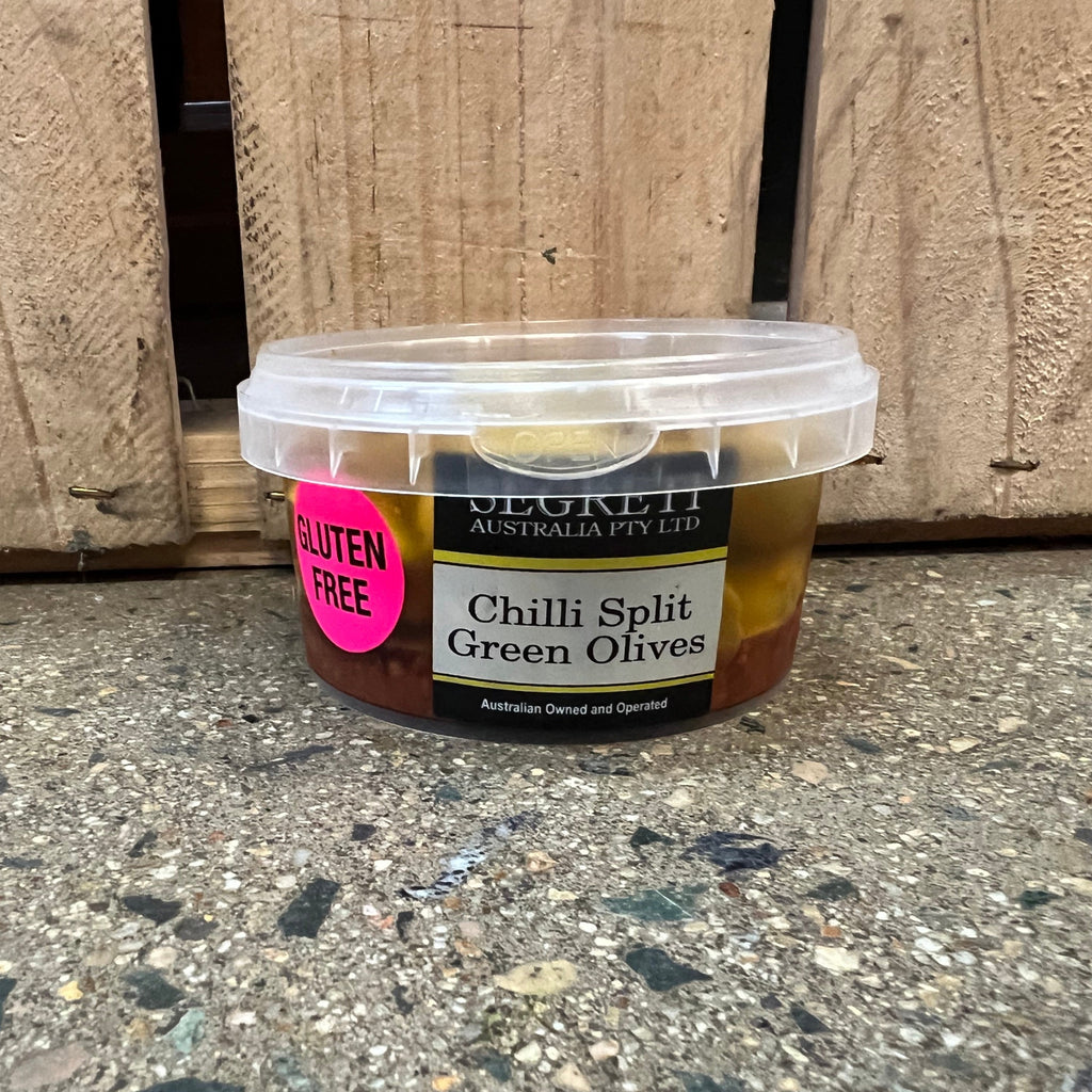 Segreti Green Olives Spilt with Chilli 200g available at The Prickly Pineapple