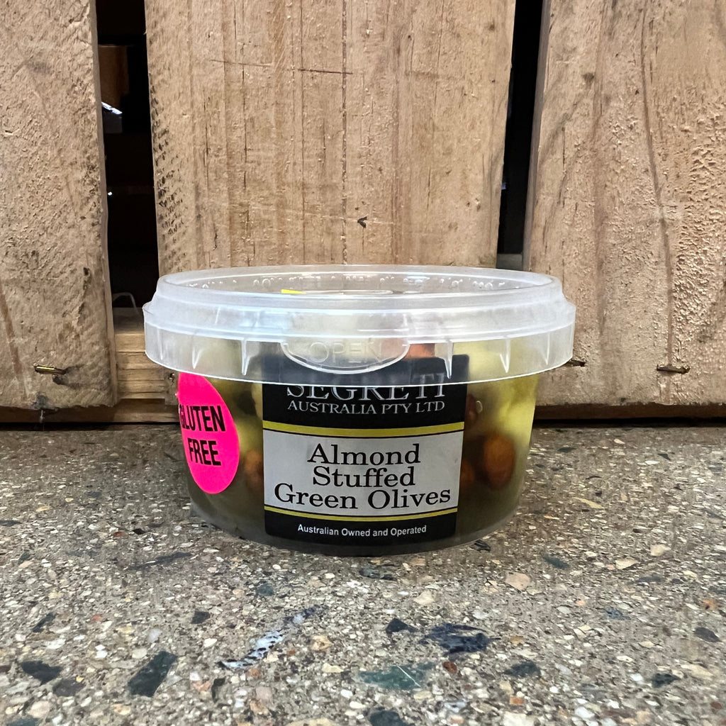 Segreti Green Olives stuffed with Almond 200g available at The Prickly Pineapple