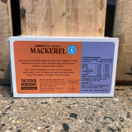 The Stock Merchant Mackerel in Pure Water with Sea Salt 120g available at The Prickly Pineapple