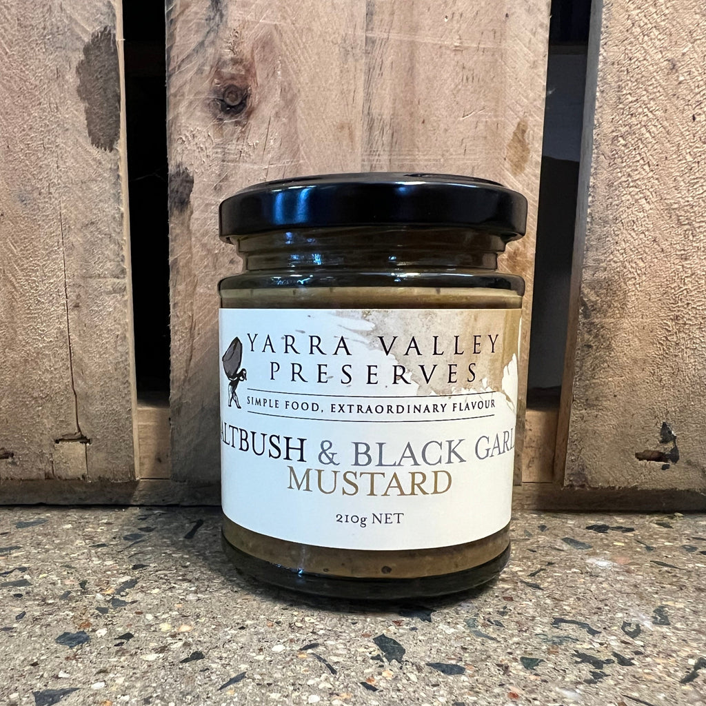 Yarra Valley Gourmet Foods Saltbush & Black Garlic Mustard 210g available at The Prickly Pineapple