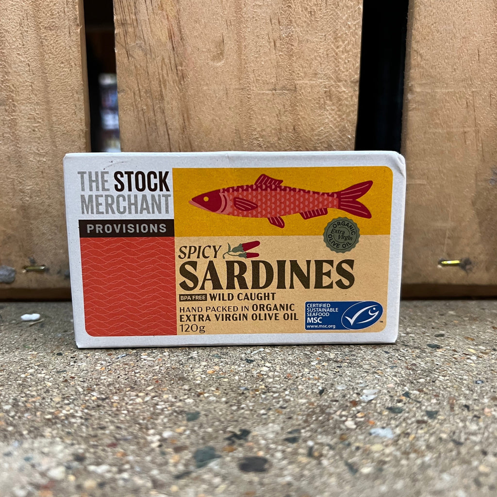 The Stock Merchant Spicy Sardines in Organic Extra Virgin Olive Oil 120g available at The Prickly Pineapple