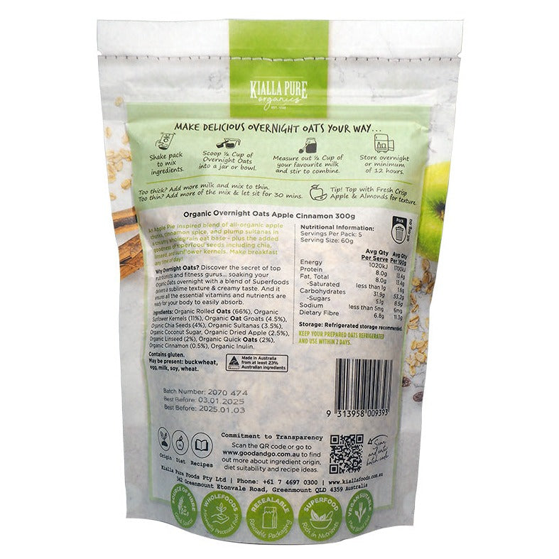 Kialla Pure Organics Organic Overnight Oats Apple Cinnamon 300g available at The Prickly pineapple