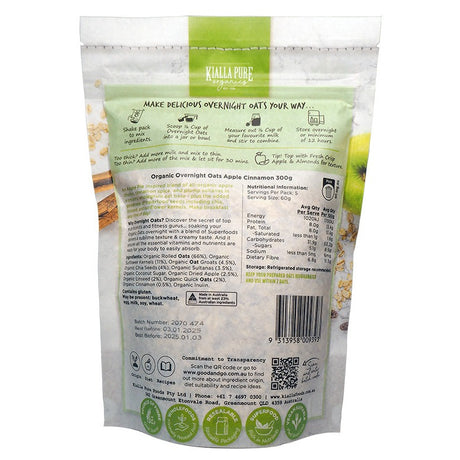 Kialla Pure Organics Organic Overnight Oats Apple Cinnamon 300g available at The Prickly pineapple