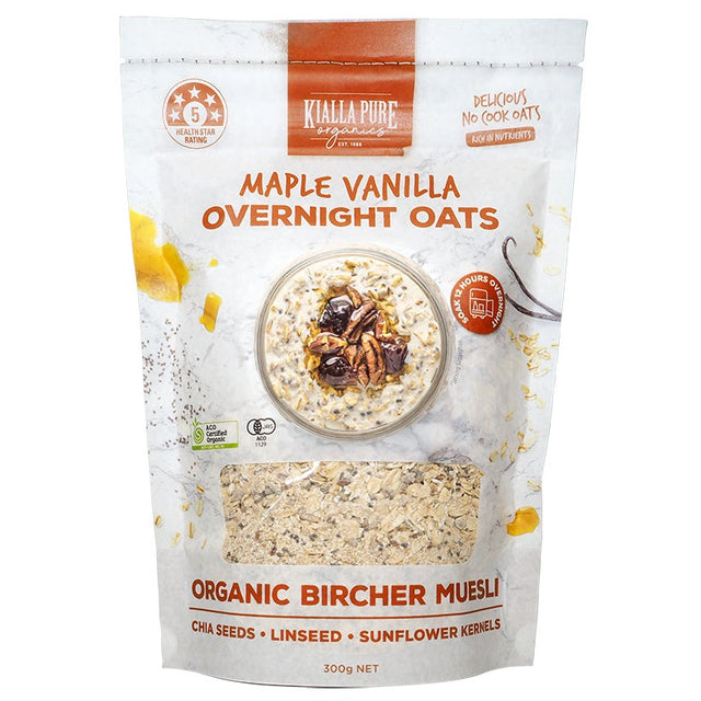 Kialla Pure Organics Organic Overnight Oats Maple Vanilla 300g available at The Prickly Pineapple