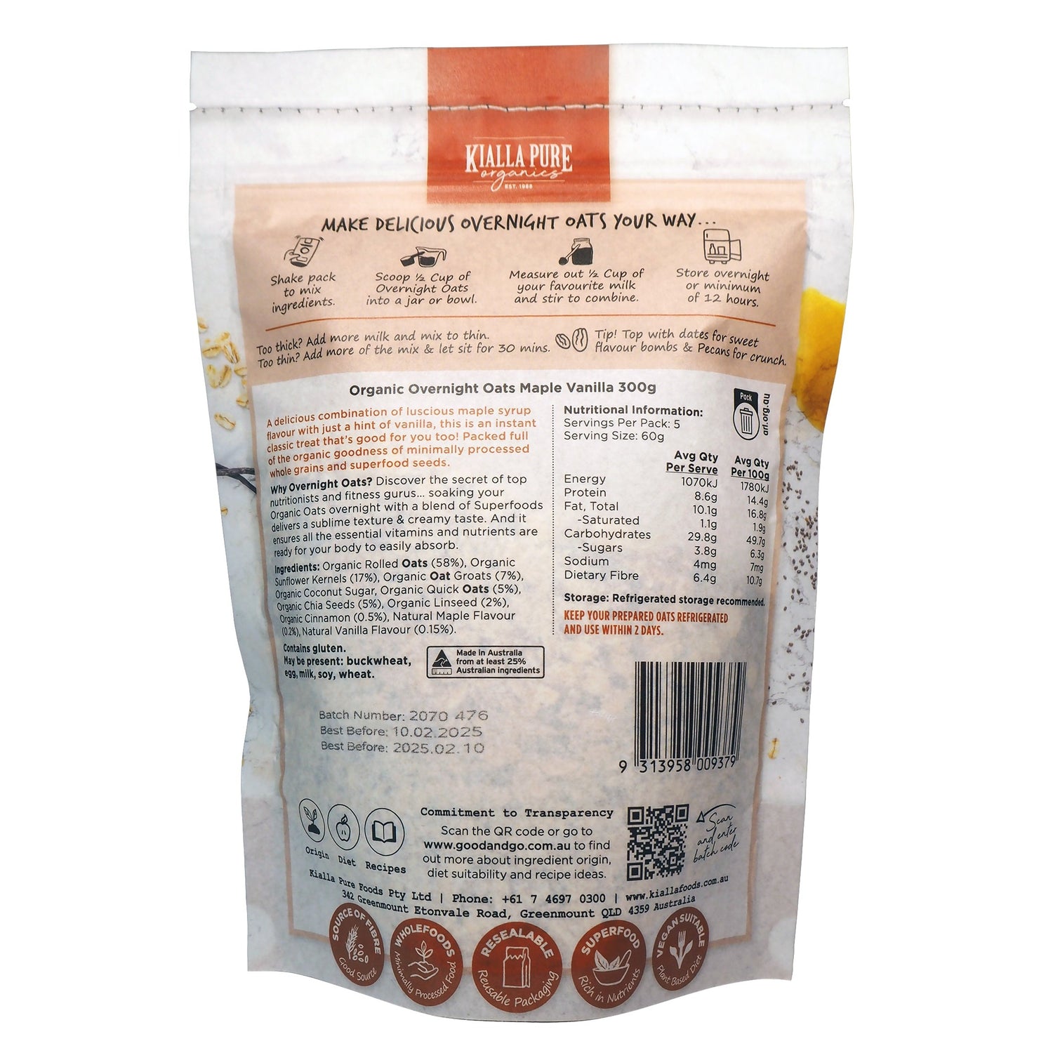 Kialla Pure Organics Organic Overnight Oats Maple Vanilla 300g available at The Prickly Pineapple