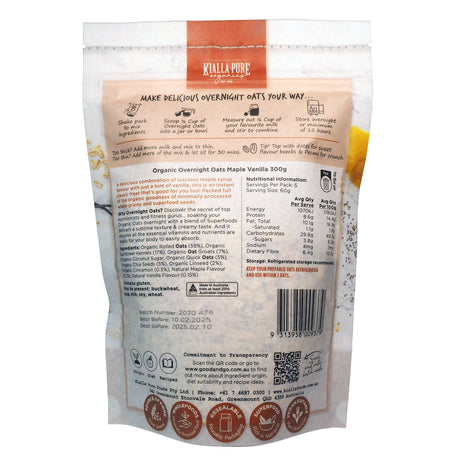 Kialla Pure Organics Organic Overnight Oats Maple Vanilla 300g available at The Prickly Pineapple