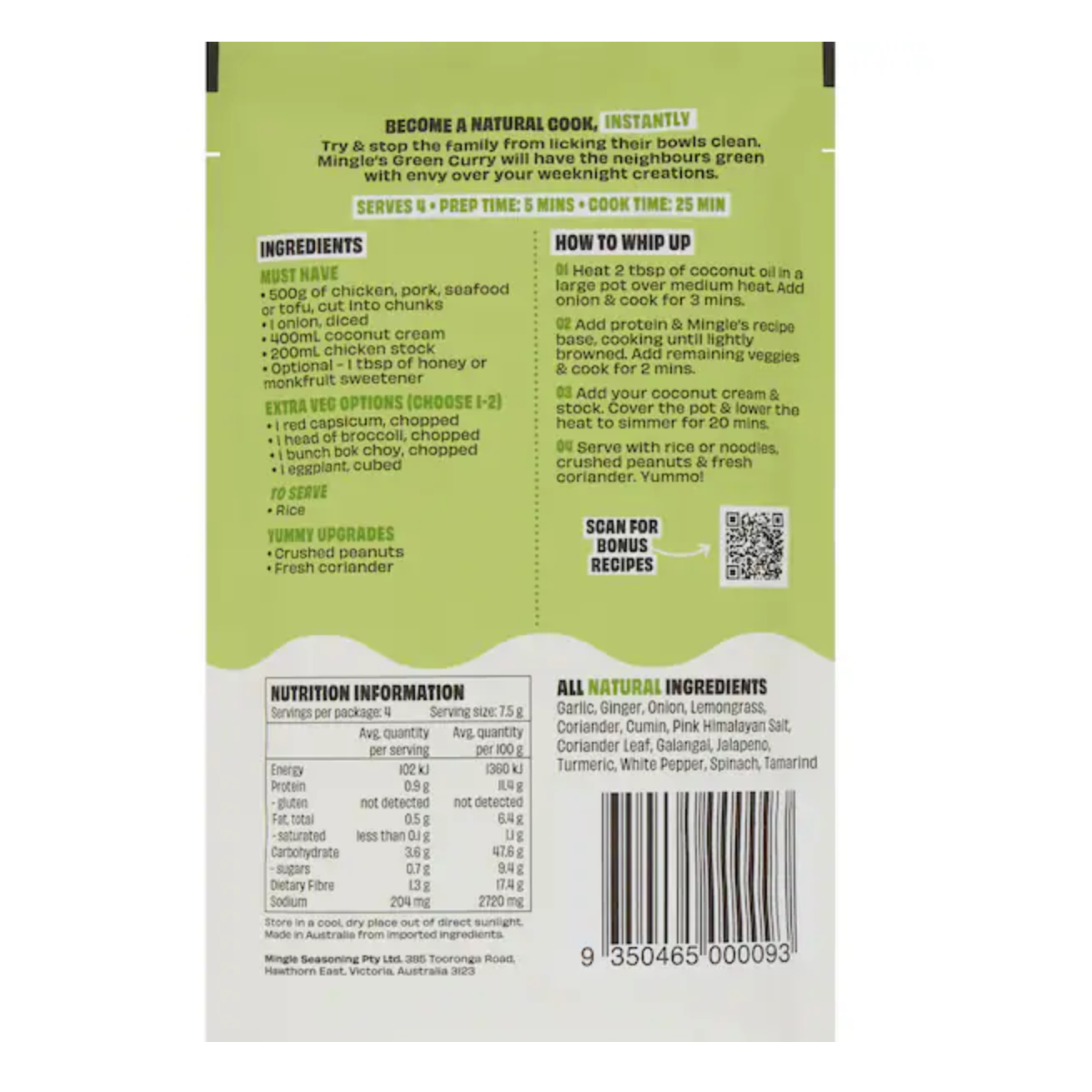 Mingle Green Curry in a Hurry 30g available at The Prickly Pineapple