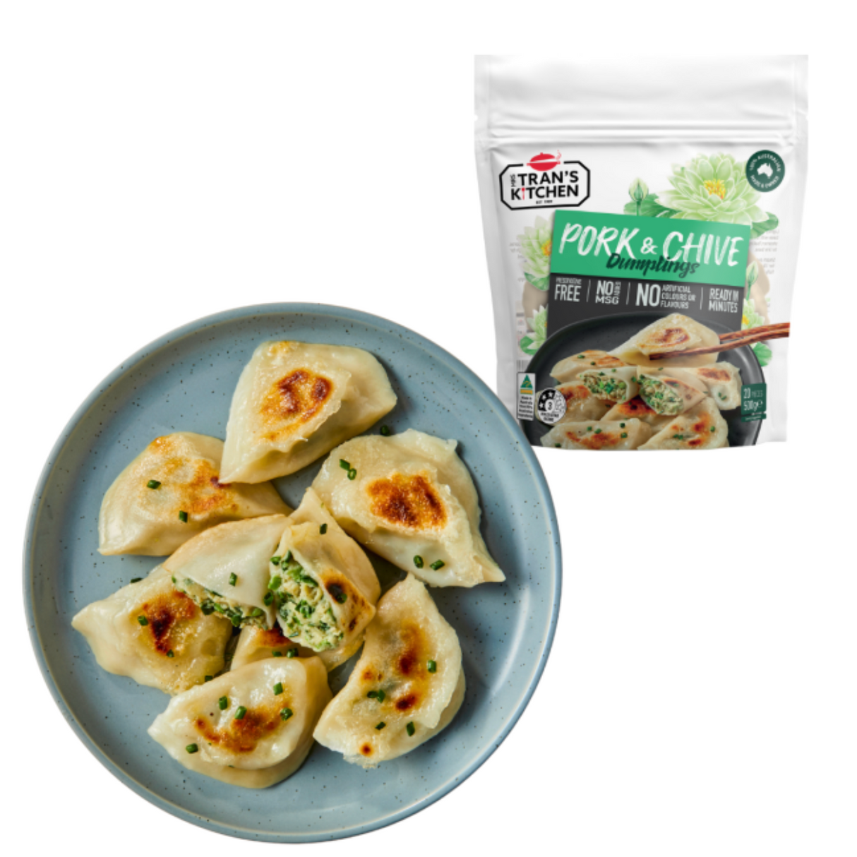 Mrs Trans Kitchen Pork & Chive Dumplings 500g available at The Prickly Pineapple