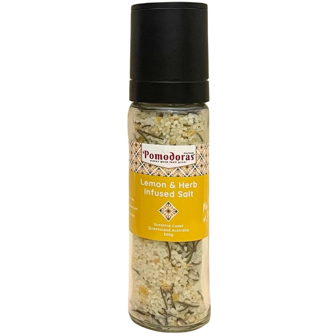Pomodoras Infused Lemon & Herb Salt GF 200g available at The Prickly Pineapple