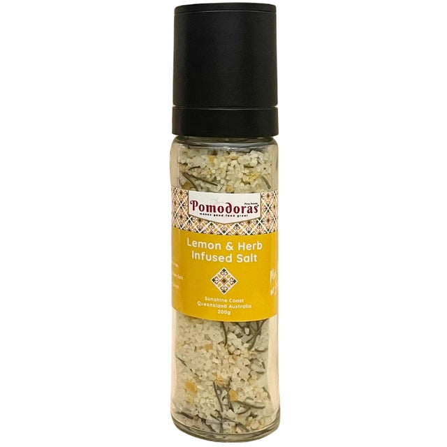 Pomodoras Infused Lemon & Herb Salt GF 200g available at The Prickly Pineapple