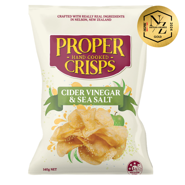 Proper Crisps Cider Vinegar & Sea Salt 150g available at The Prickly Pineapple