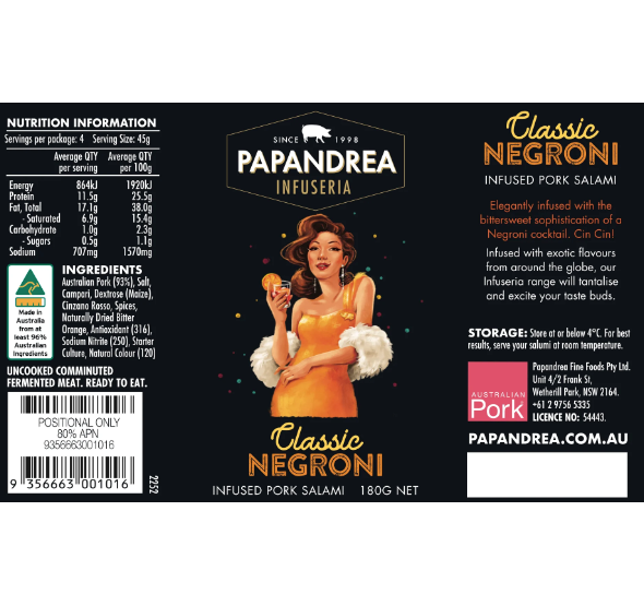 Papandrea Pork Salami Infused with Negroni Cocktail 180g available at The Prickly Pineapple