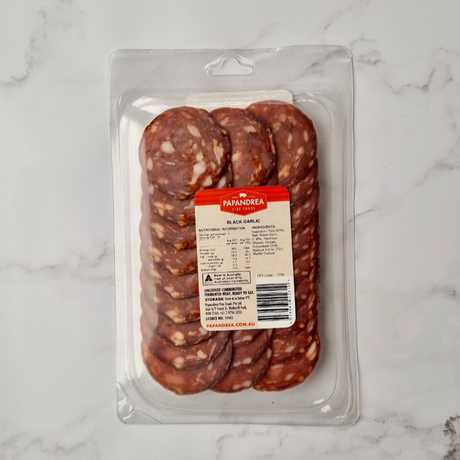 Papandrea Black Garlic Salami 100g available at The Prickly Pineapple