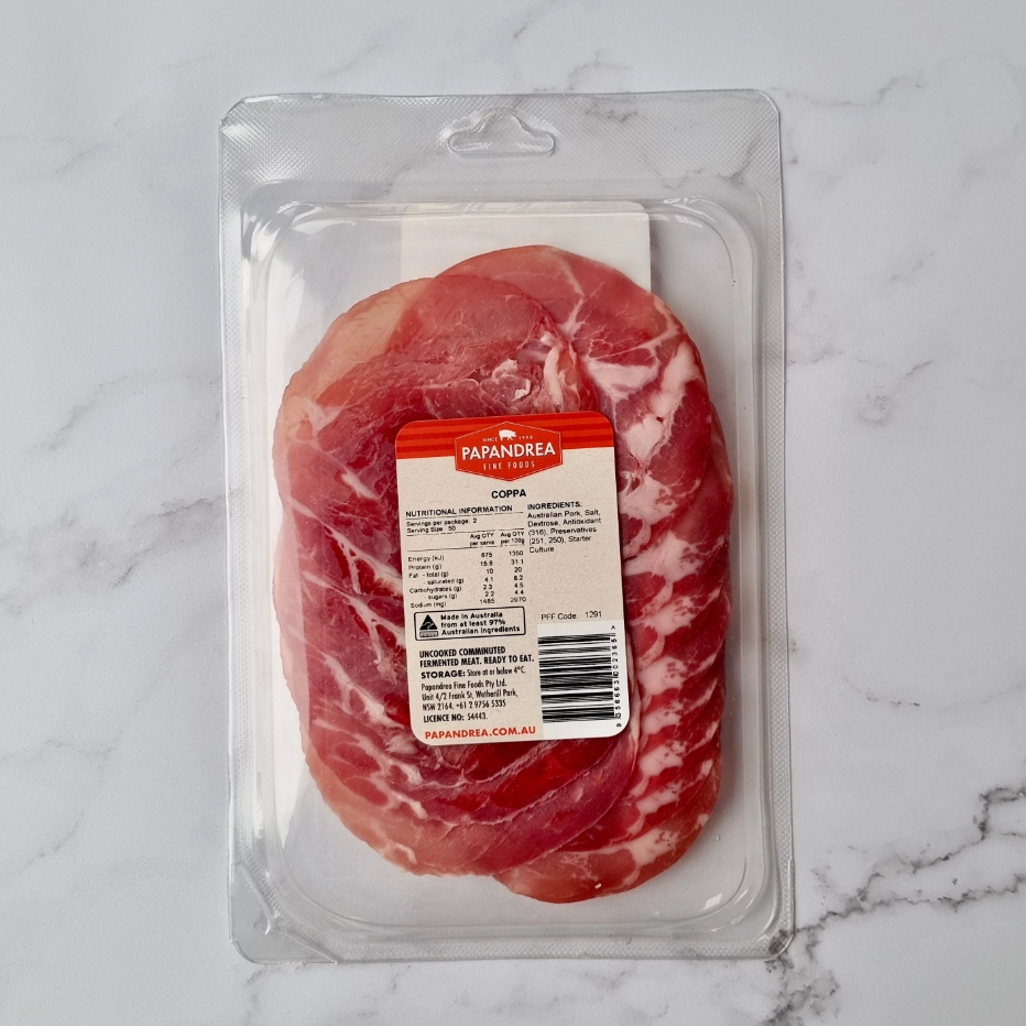 Papandrea Coppa Sliced 100g available at The Prickly Pineapple