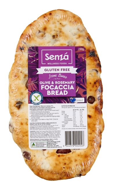 Senza Wellness Foods Olive & Rosemary Focaccia Bread GF 250g available at The Prickly Pineapple