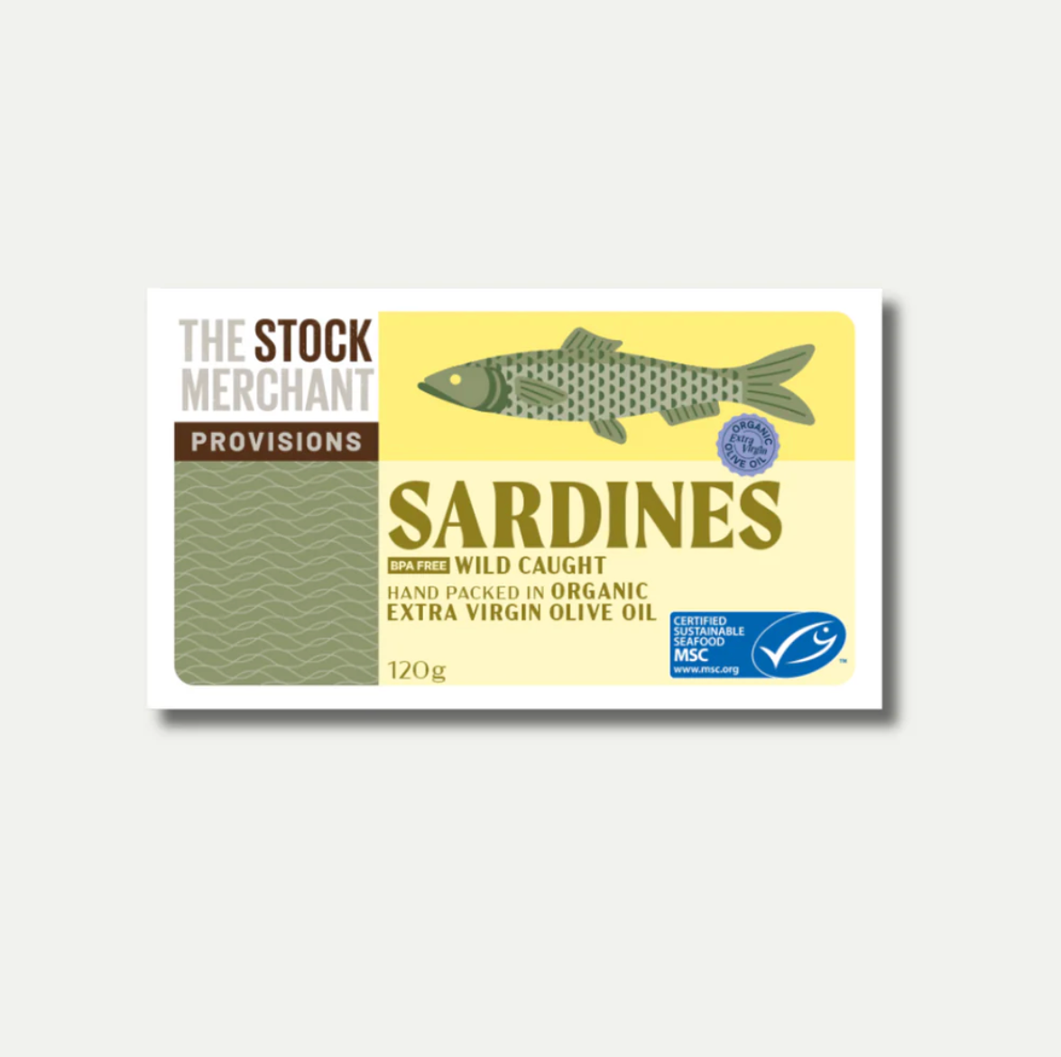 The Stock Merchant Sardines in Organic Extra Virgin Olive Oil 120g available at The Prickly Pineapple