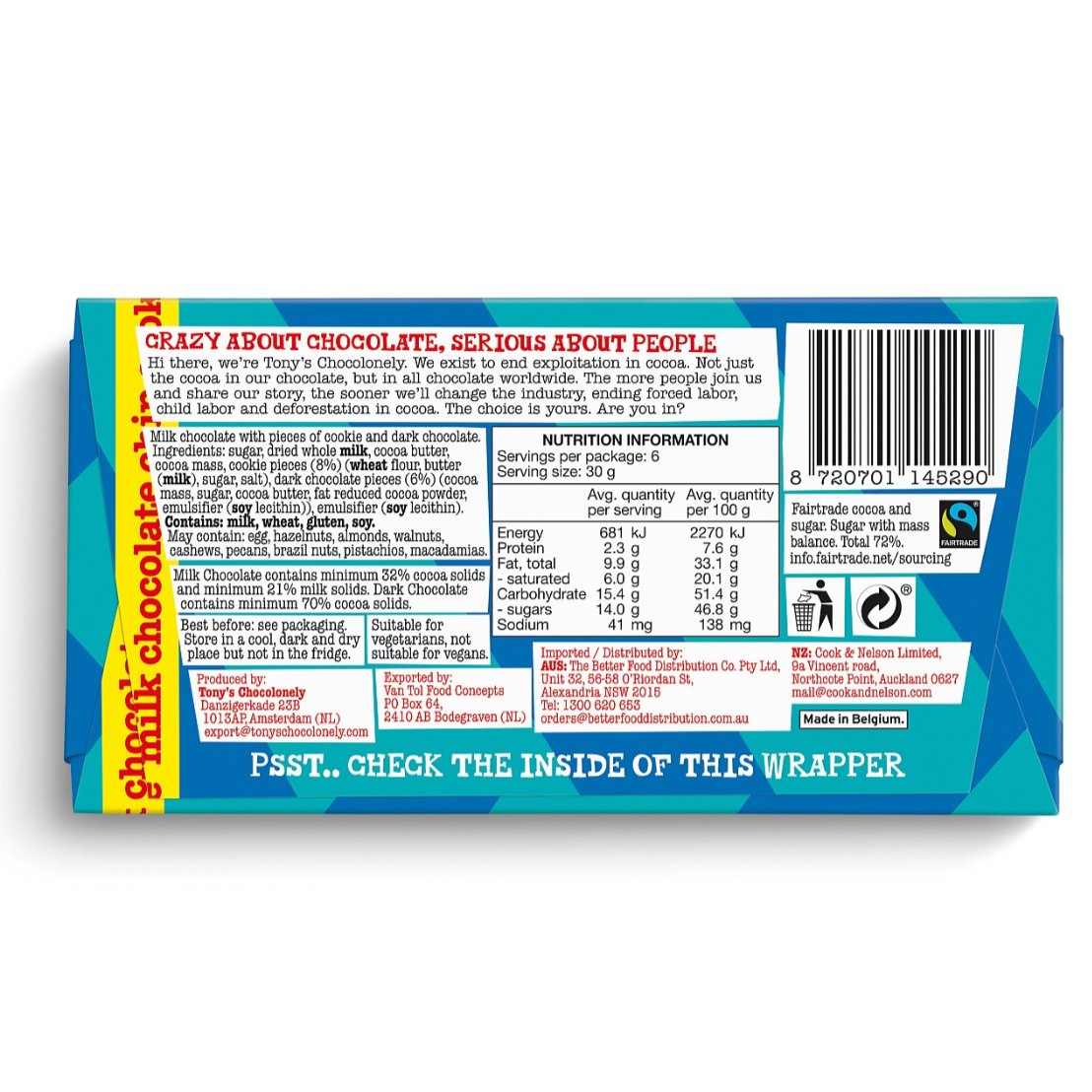 Tony's Chocolonely milk chocolate choc chip bar 180g available at The Prickly Pineapple