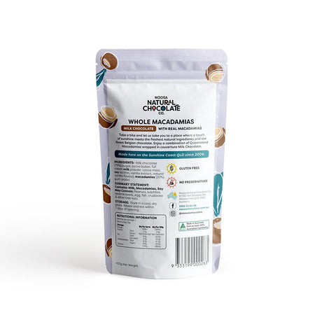 Noosa Natural Chocolate Co. Macadamia nuts coated in Milk Chocolate 100g available at The Prickly Pineapple