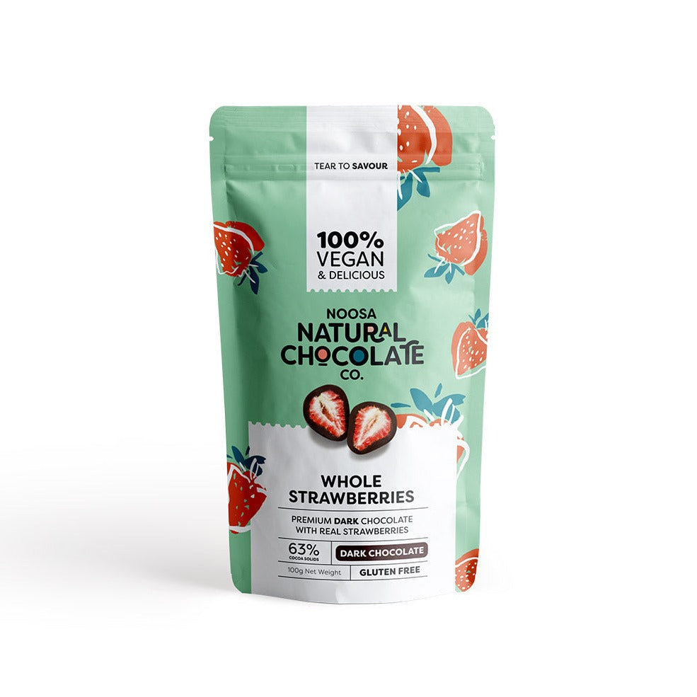 Noosa Natural Chocolate Co. Strawberries coated in Dark Chocolate 100g available at The Prickly Pineapple