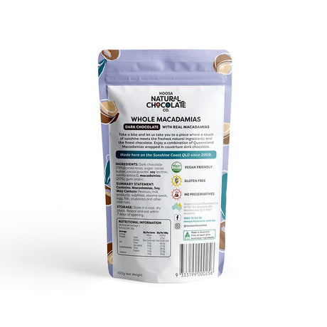 Noosa Natural Chocolate Co. Macadamia nuts coated in Dark Chocolate 100g available at The Prickly Pineapple
