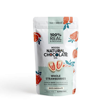 Noosa Natural Chocolate Co. Strawberries coated in White Chocolate 100g available at The Prickly Pineapple