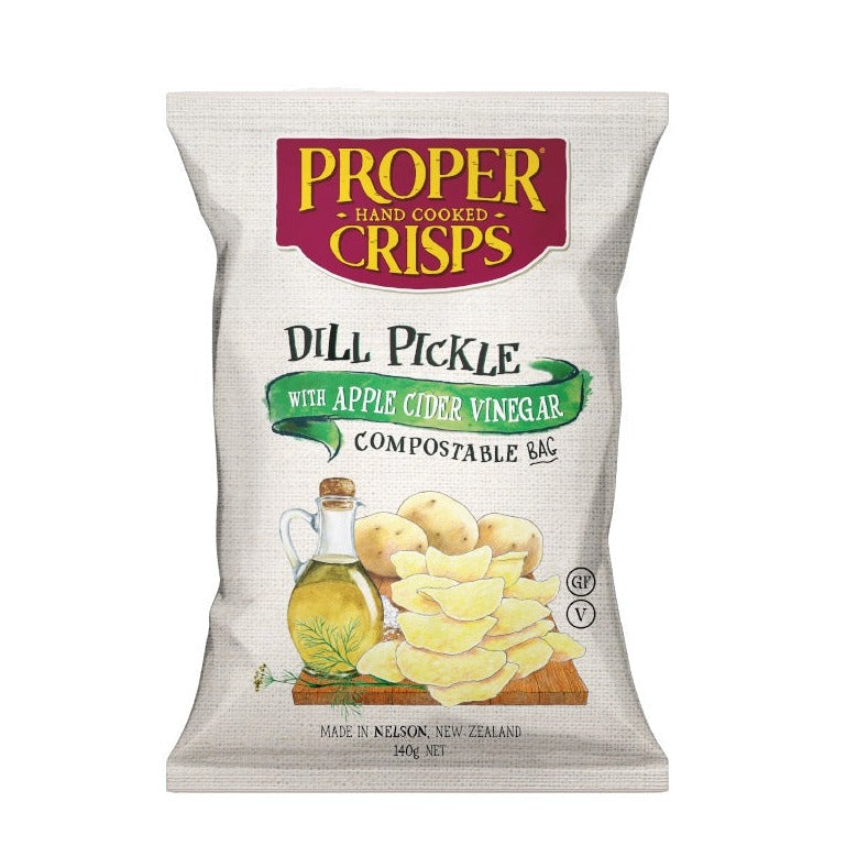 Proper Crisps Dill Pickle with Apple Cider Vinegar 140g available at The Prickly Pineapple