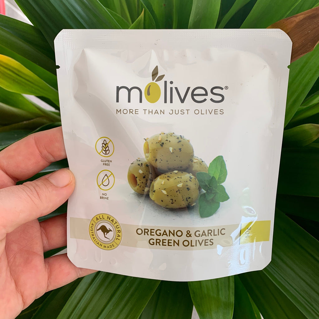 Molives Oregano & Garlic Green Olives 50g available at The Prickly Pineapple
