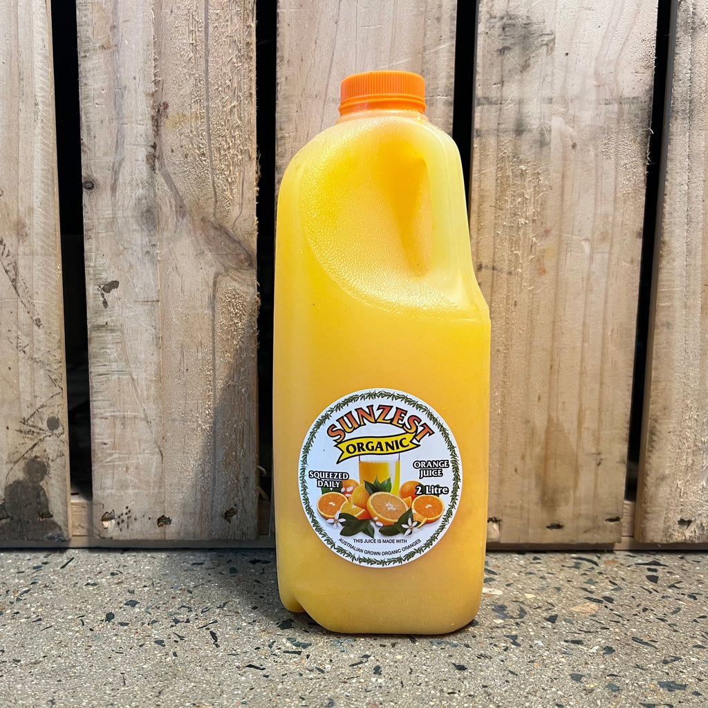 Sunzest Organic Orange Juice 2ltr bottle available at The Prickly Pineapple