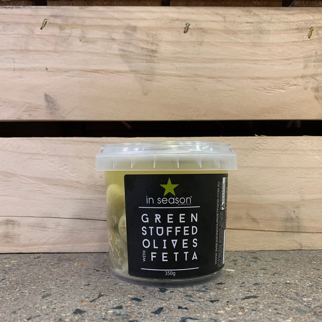 In Season Green Stuffed Olives with Fetta 350g available at The Prickly Pineapple