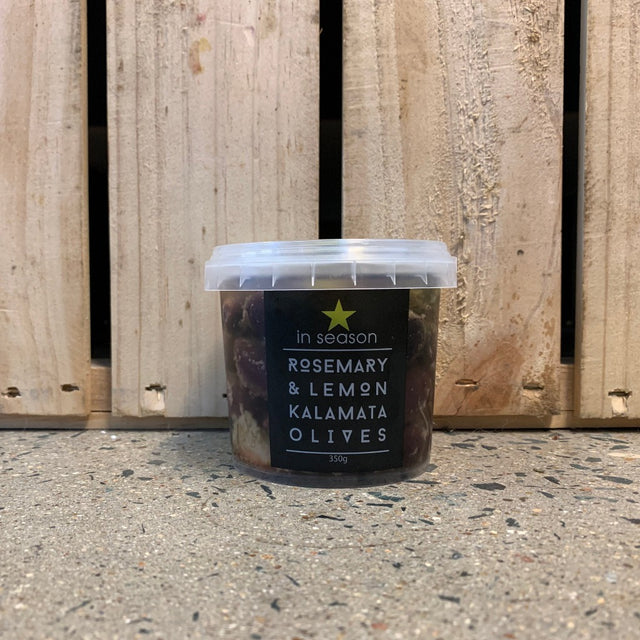 in season rosemary and lemon kalamata olives 350ml available at The Prickly Pineapple