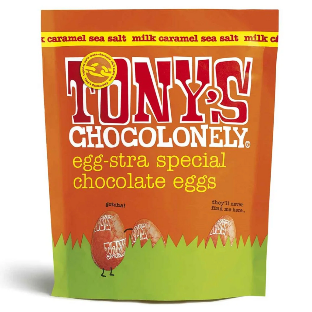 Tony's Chocolonely Easter Egg milk caramel sea salt bag 180g available at the prickly pineapple