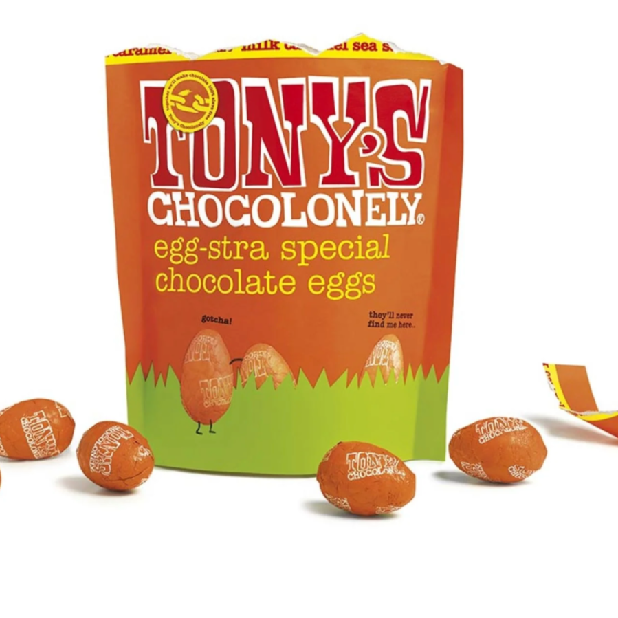 Tony's Chocolonely Easter Egg milk caramel sea salt bag 180g available at the prickly pineapple