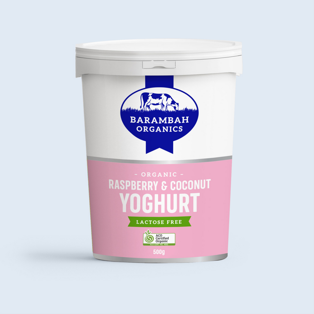 Barambah Organics Real Raspberry & Coconut Yoghurt Lactose Free 500g available at The Prickly Pineapple
