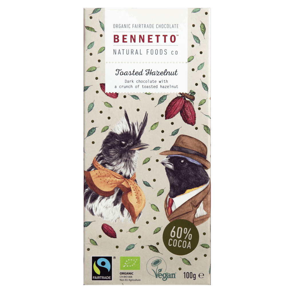 Bennetto Natural Foods Co Toasted Hazelnut Dark Chocolate 100g available at The Prickly Pineapple