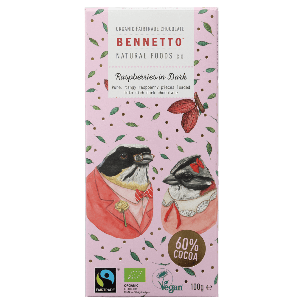 Bennetto Natural Foods Co Raspberries in Dark Chocolate 100g available at The Prickly Pineapple