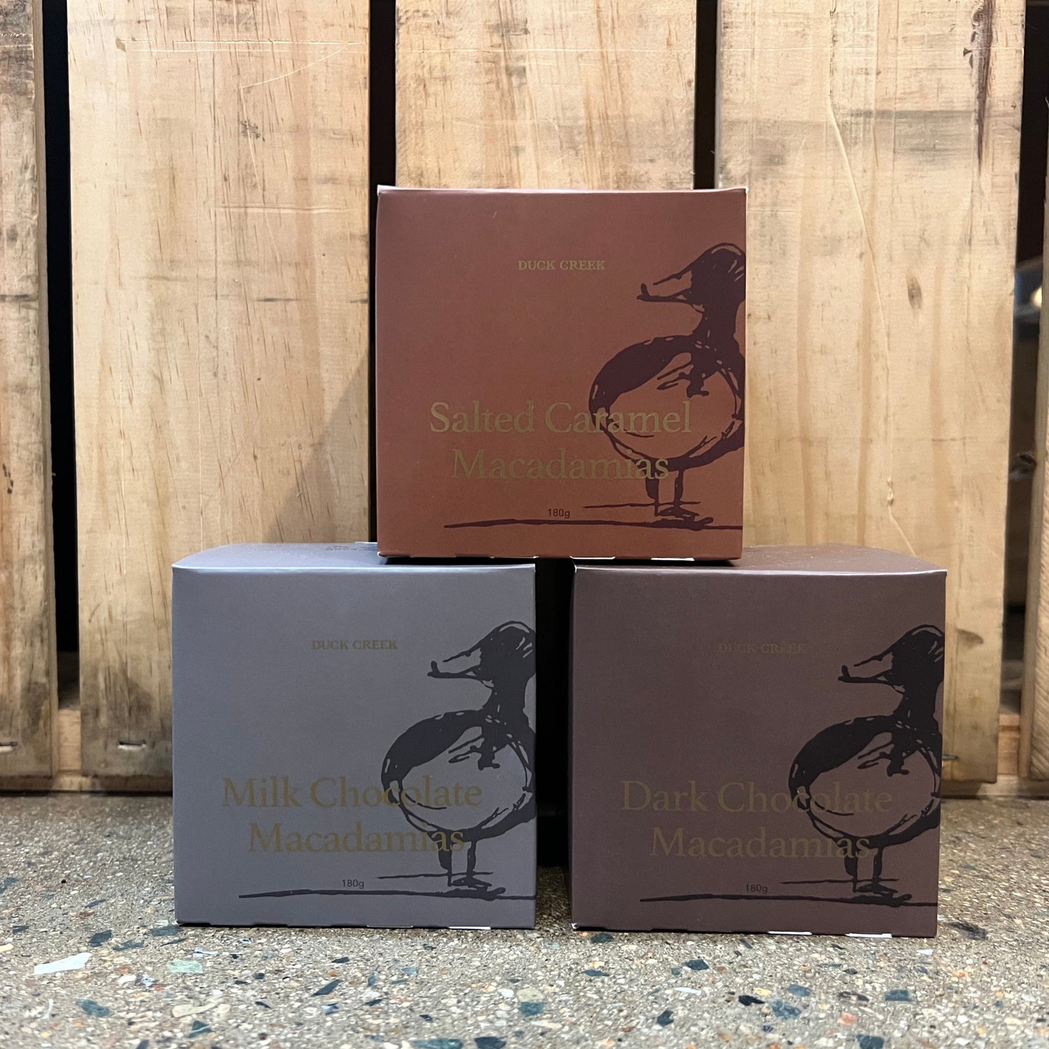 Duck Creek Chocolate Coated Macadamias Varieties Packet 180g available at The Prickly Pineapple