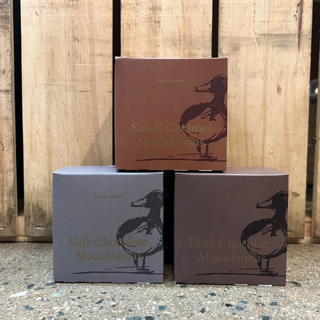 Duck Creek Chocolate Coated Macadamias Varieties Packet 180g available at The Prickly Pineapple