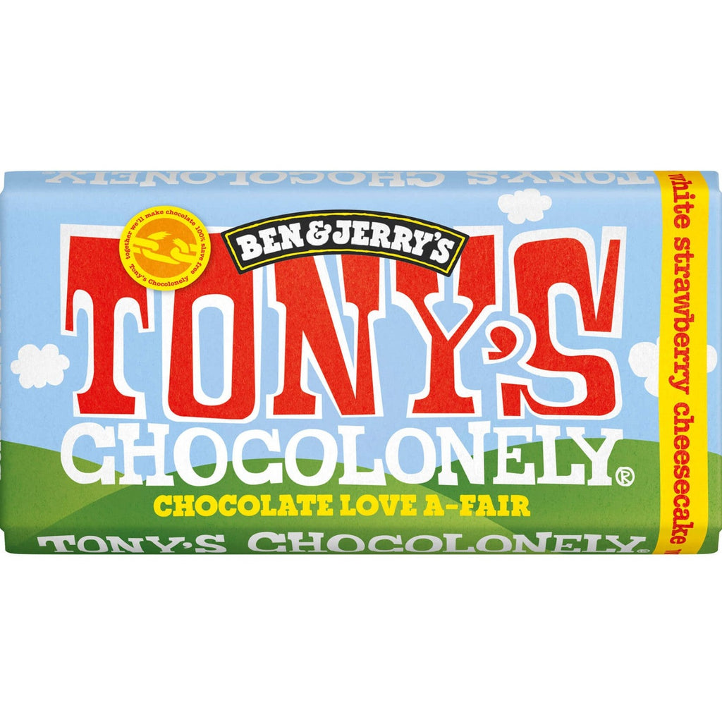 Tony's Chocolonely Ben & Jerry's White Strawberry Cheesecake 180g available at The Prickly Pineapple