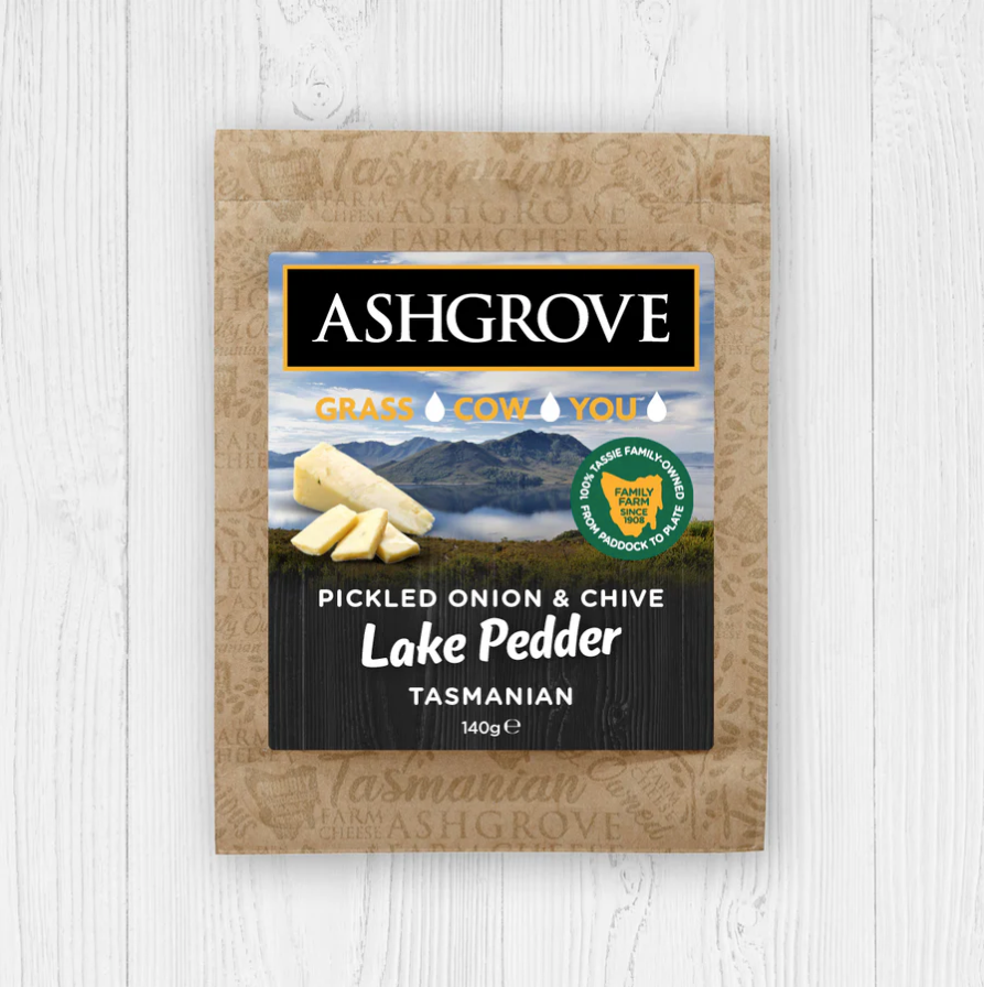 Ashgrove Lake Pedder Tasmanian Pickled Onion & Chive Cheddar 140g available at The Prickly Pineapple
