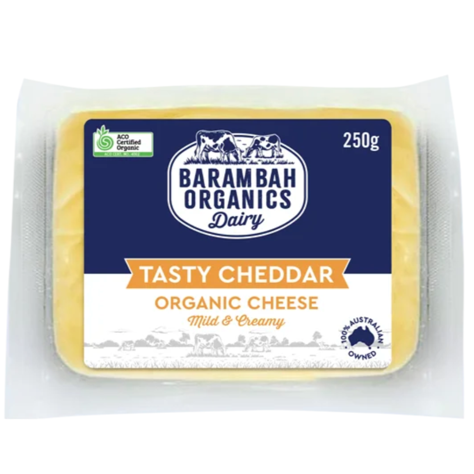 Barambah Organics Organic Tasty Cheddar Block 250g available at The Prickly Pineapple