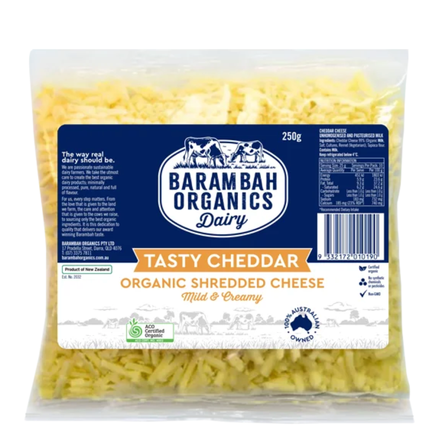 Barambah Organics Organic Tasty Cheddar Shredded 250g available at The Prickly Pineapple