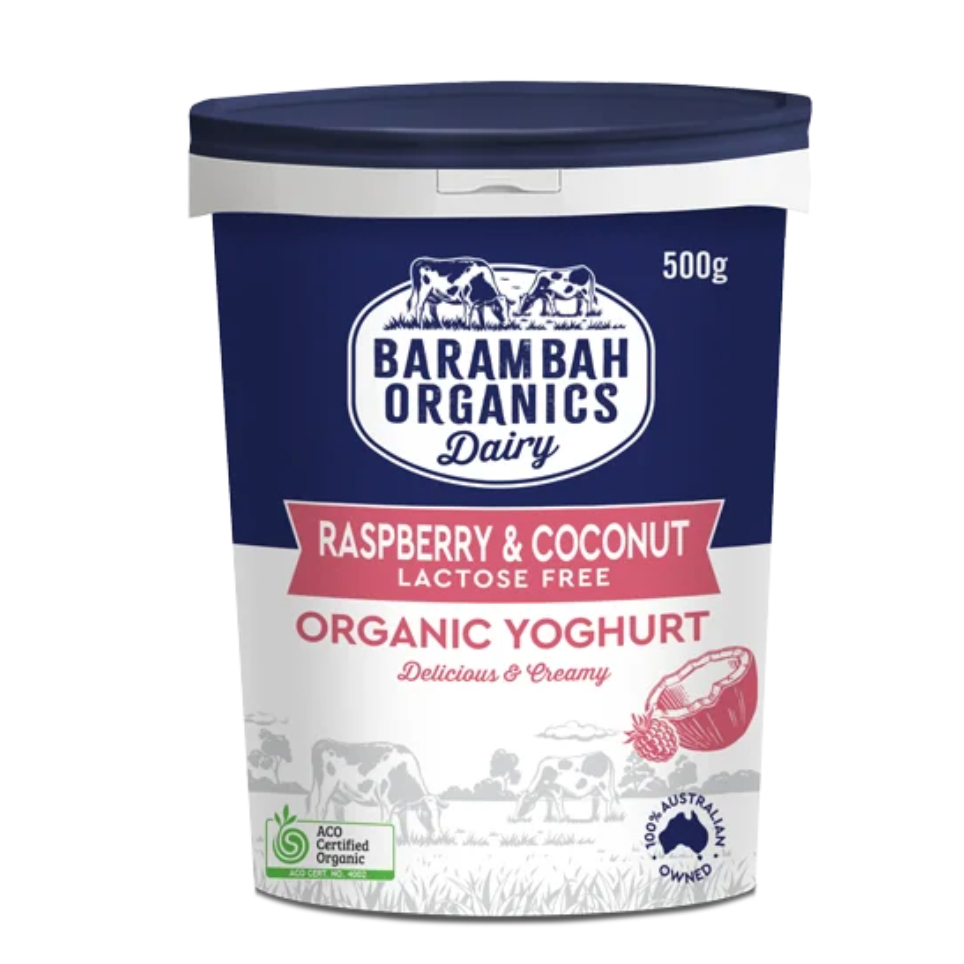 Barambah Organics Real Raspberry & Coconut Yoghurt Lactose Free 500g available at The Prickly Pineapple