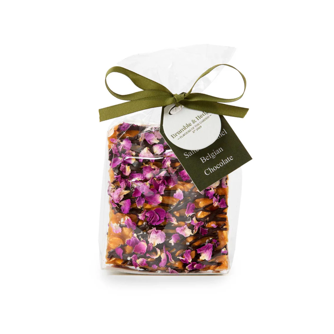 Bramble & Hedge Salted Caramel, Rose Petal & Dark Belgian Chocolate Peanut Brittle 200g available at The Prickly Pineapple
