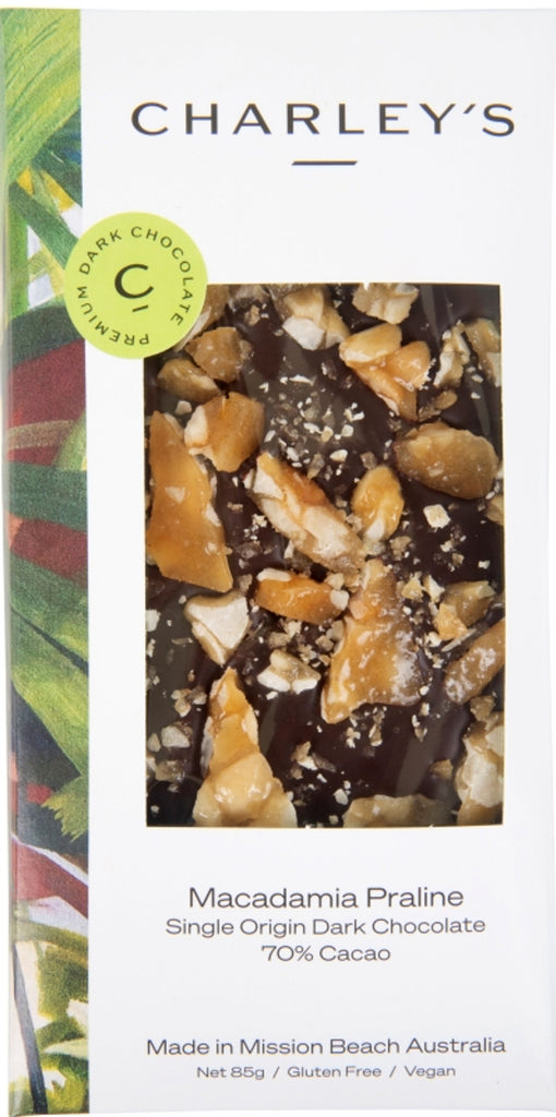 Charley's Dark Chocolate Macadamia Praline 85g available at The Prickly Pineapple