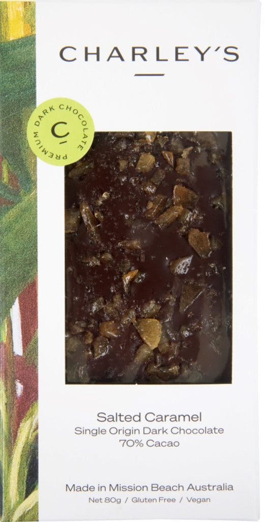 Charley's Dark Chocolate Salted Caramel 80g available at The Prickly Pineapple