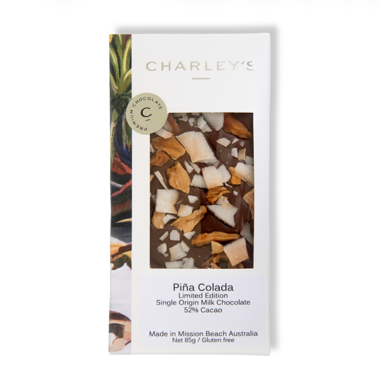 Charley's Pina Colada Signature Milk Chocolate *Limited Edition* 85g available at The Prickly Pineapple