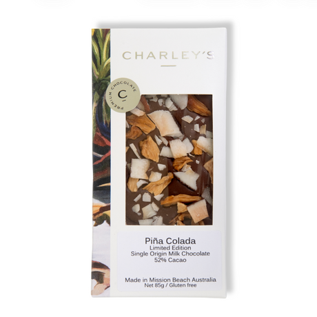 Charley's Pina Colada Signature Milk Chocolate *Limited Edition* 85g available at The Prickly Pineapple