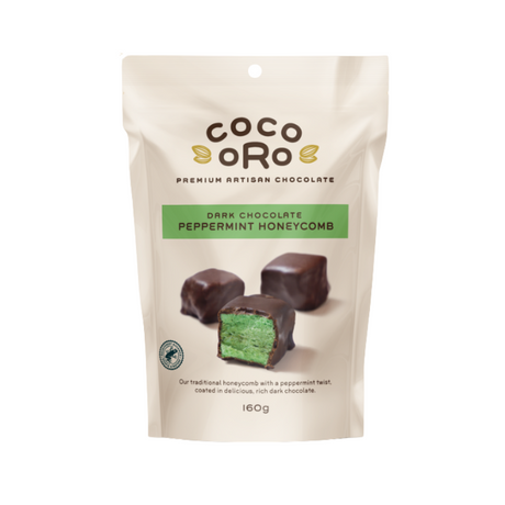 Coco Oro Dark Chocolate Peppermint Honeycomb 160g available at The Prickly Pineapple